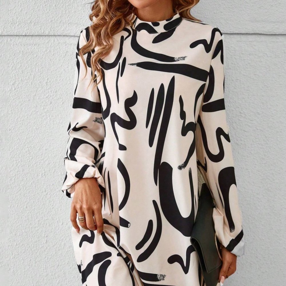 Print Mock Neck Lantern Sleeve Dress